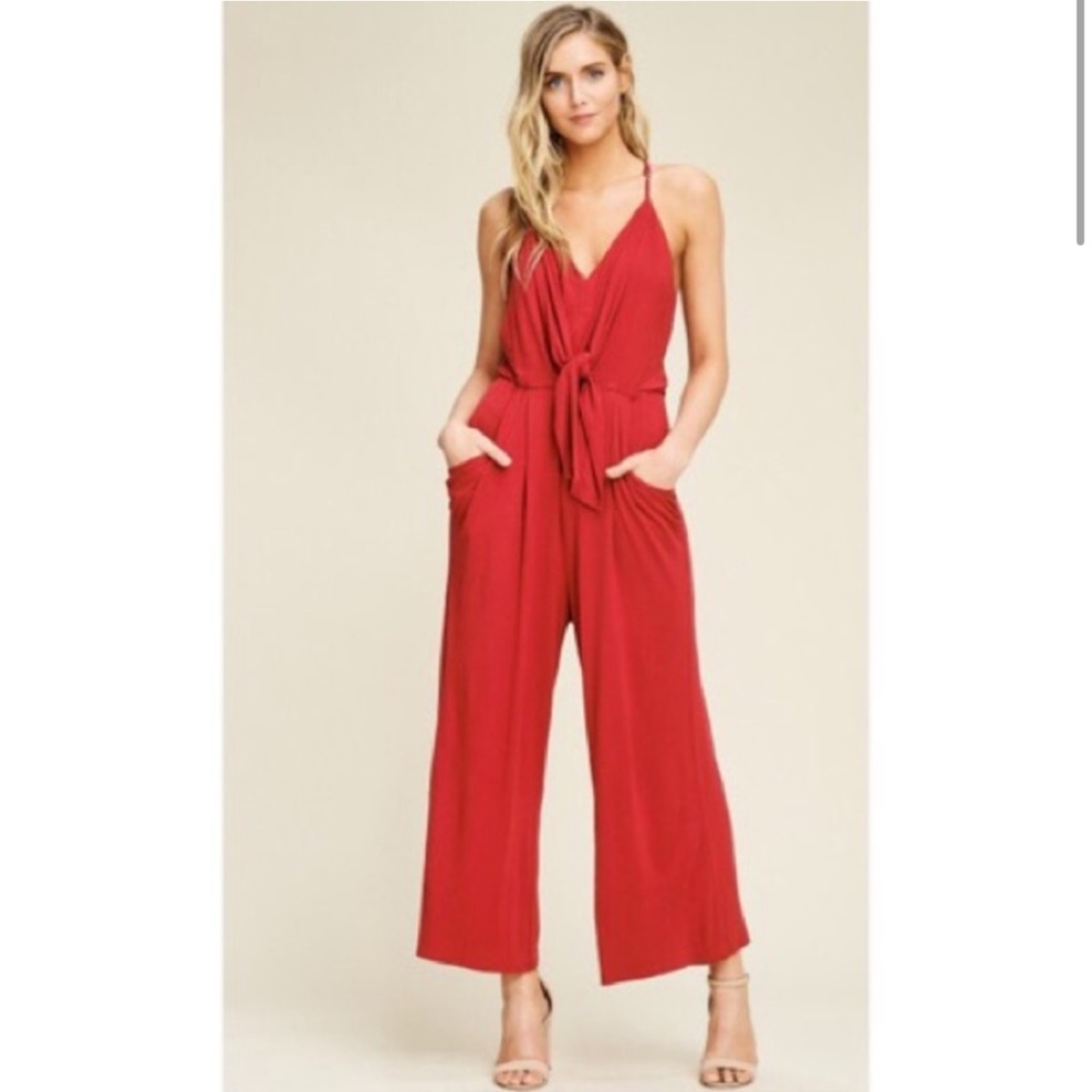 Annabelle Jersey Tie-Front Jumpsuit in Red - Picture 1 of 9